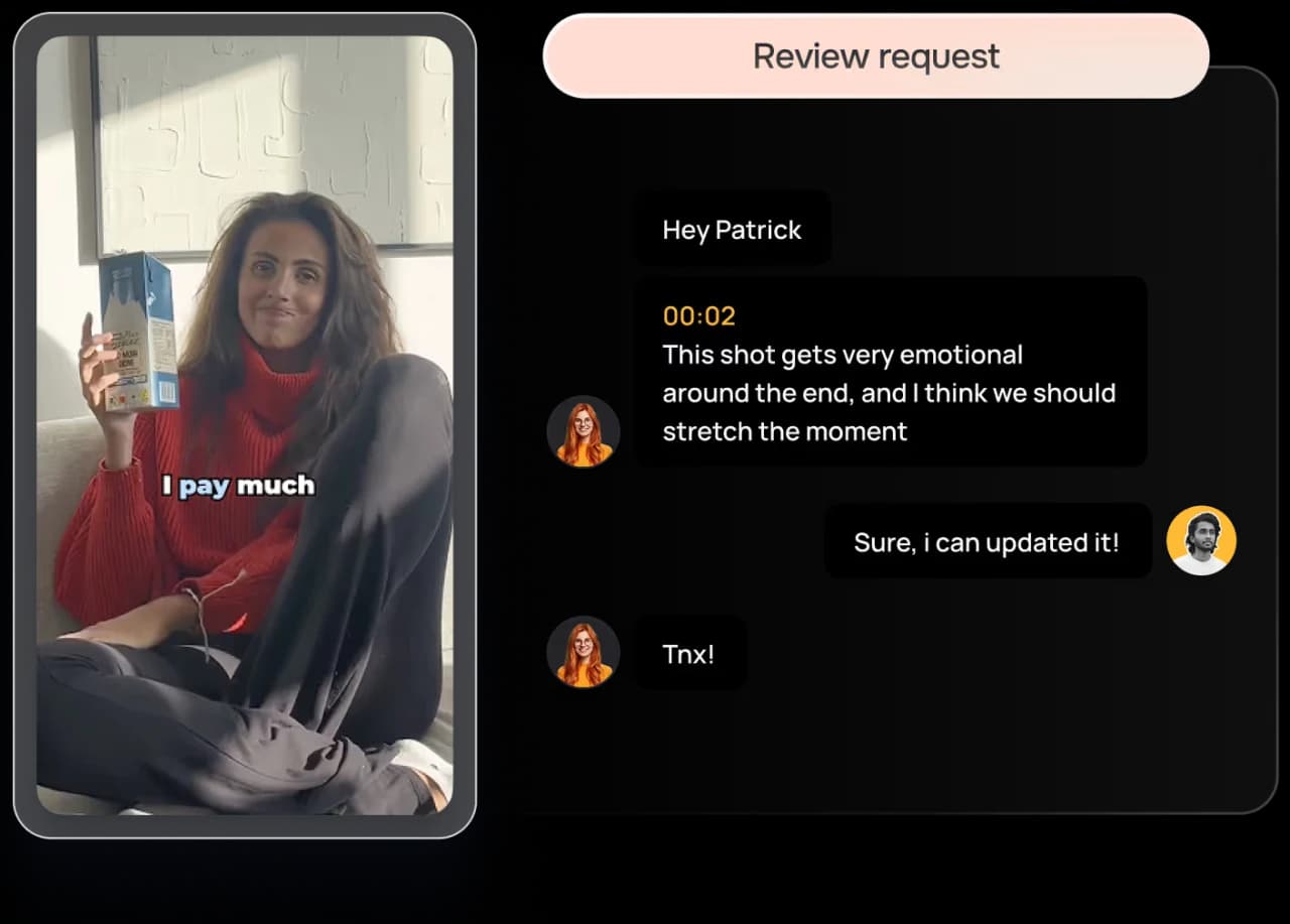 Team commenting on a video in the editor in real time