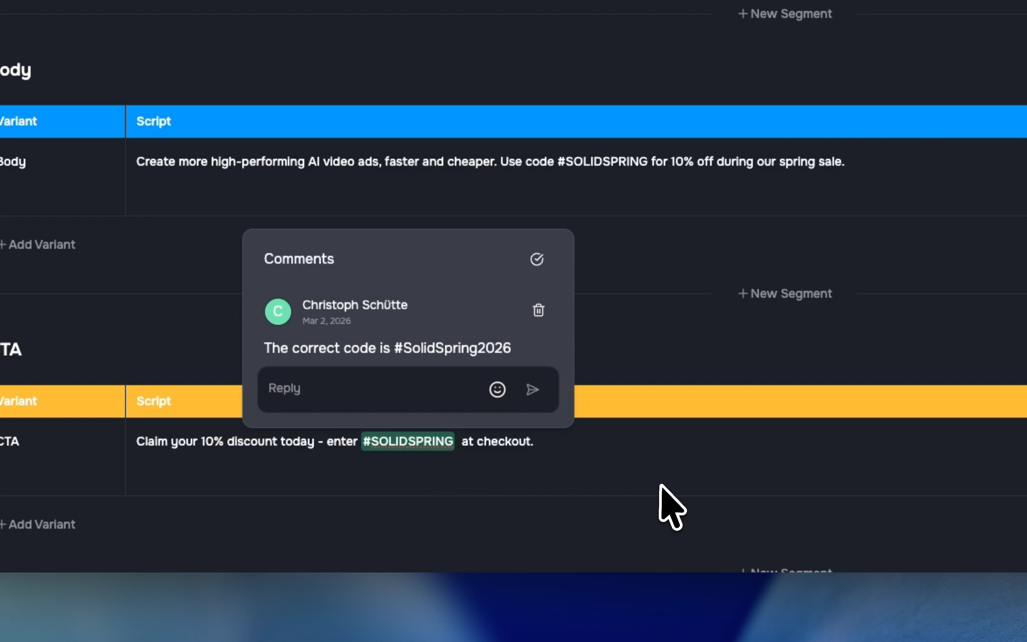 Commenting in the script editor