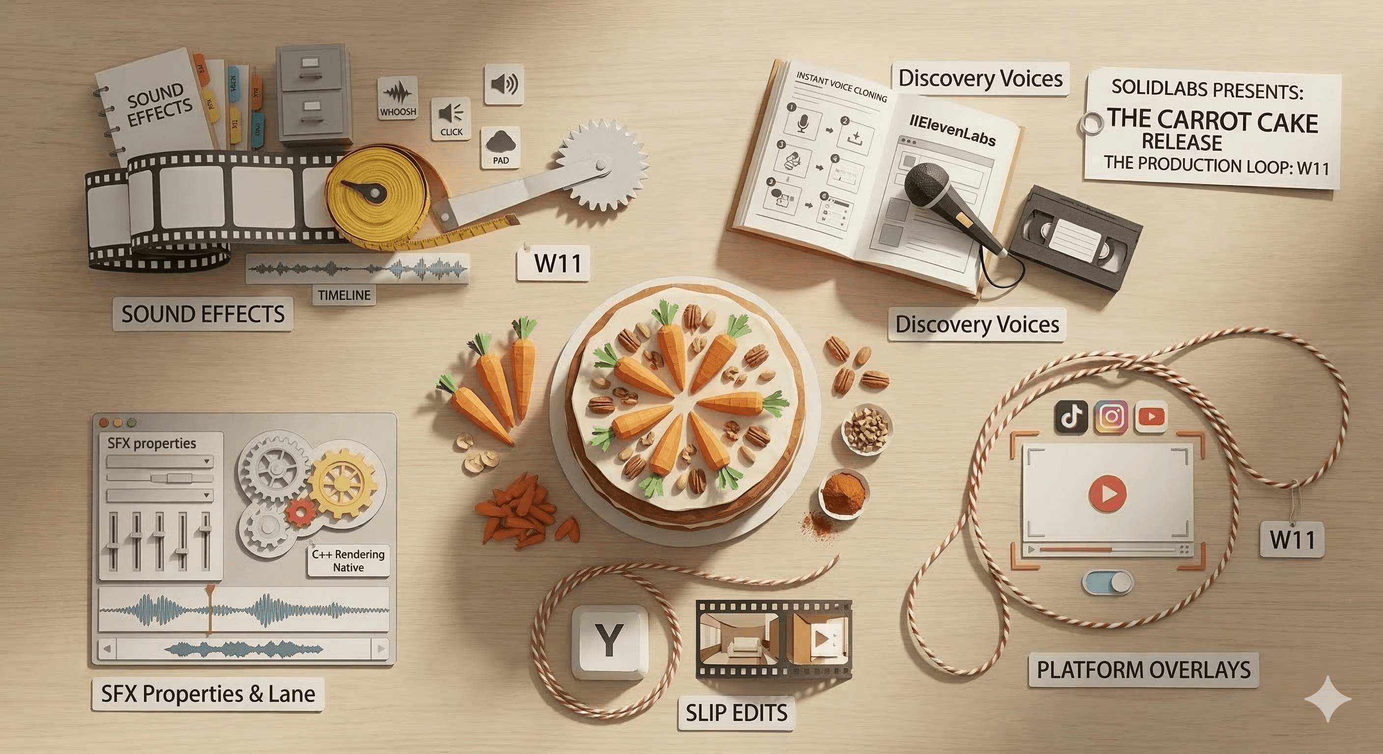 Carrot Cake Release (W11): Sound Effects, Voice Cloning, Platform Overlays & Slip Edits
